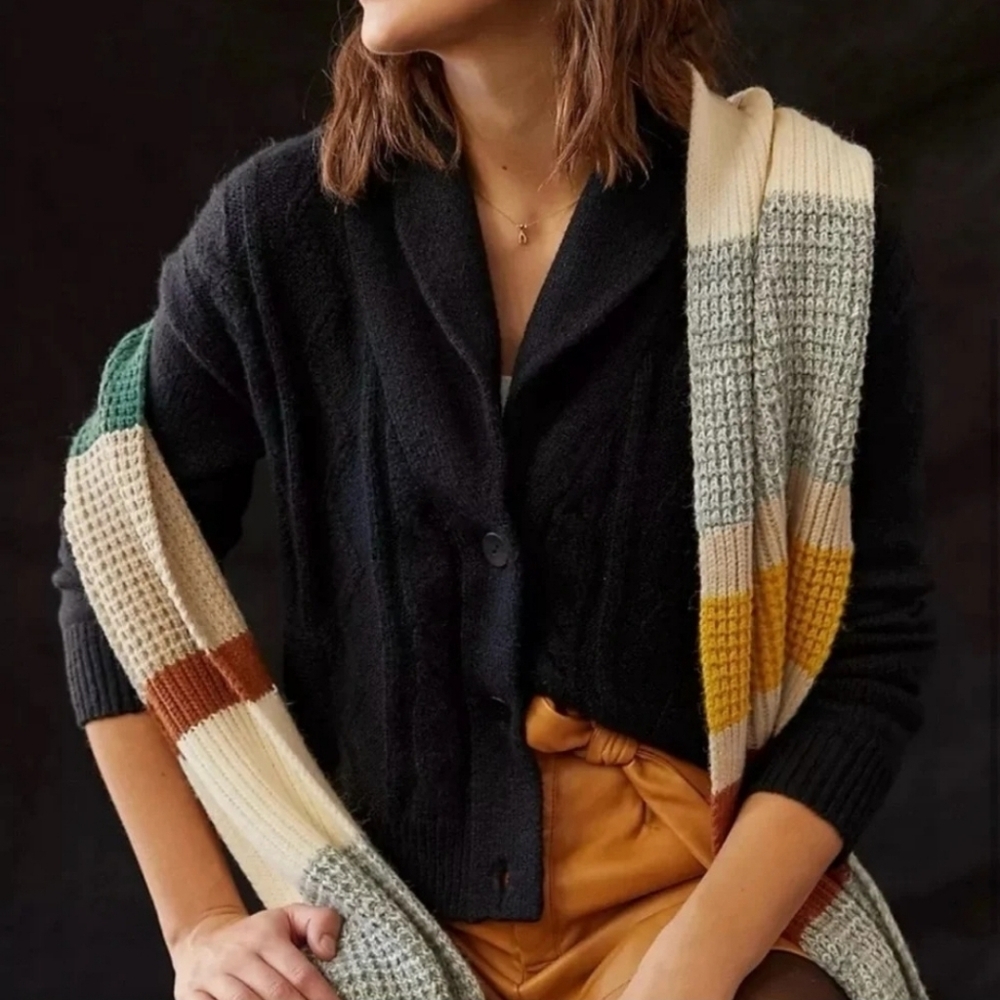 Pilcro Anthropologie Womens Black Shawl Cable-knit Button Cardigan Size Small - Picture 1 of 16
